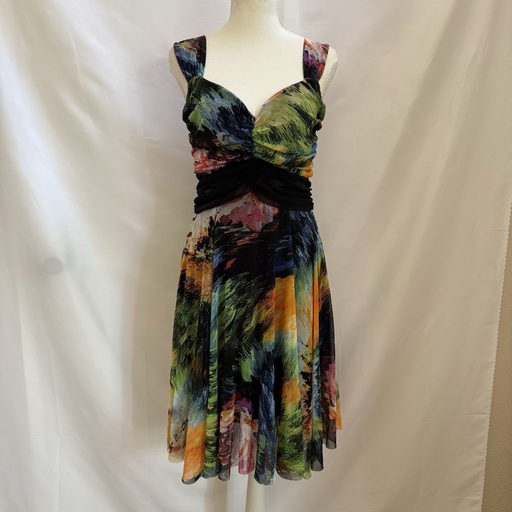 Elana Kattan Artsy Print Fit & Flare Dress M Multicolor Botanical Made USA...
